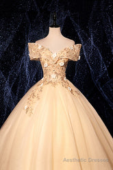 Champagne V-Neck Lace Long Ball Gown, Off the Shoulder Formal Evening Dress